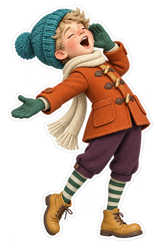Christmas Caroler Boy Orange Coat Teal Hat Vinyl Sticker Decal