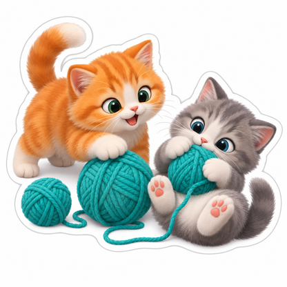 Two Fluffy Kittens Playing With Teal Yarn Balls Vinyl Sticker Decal