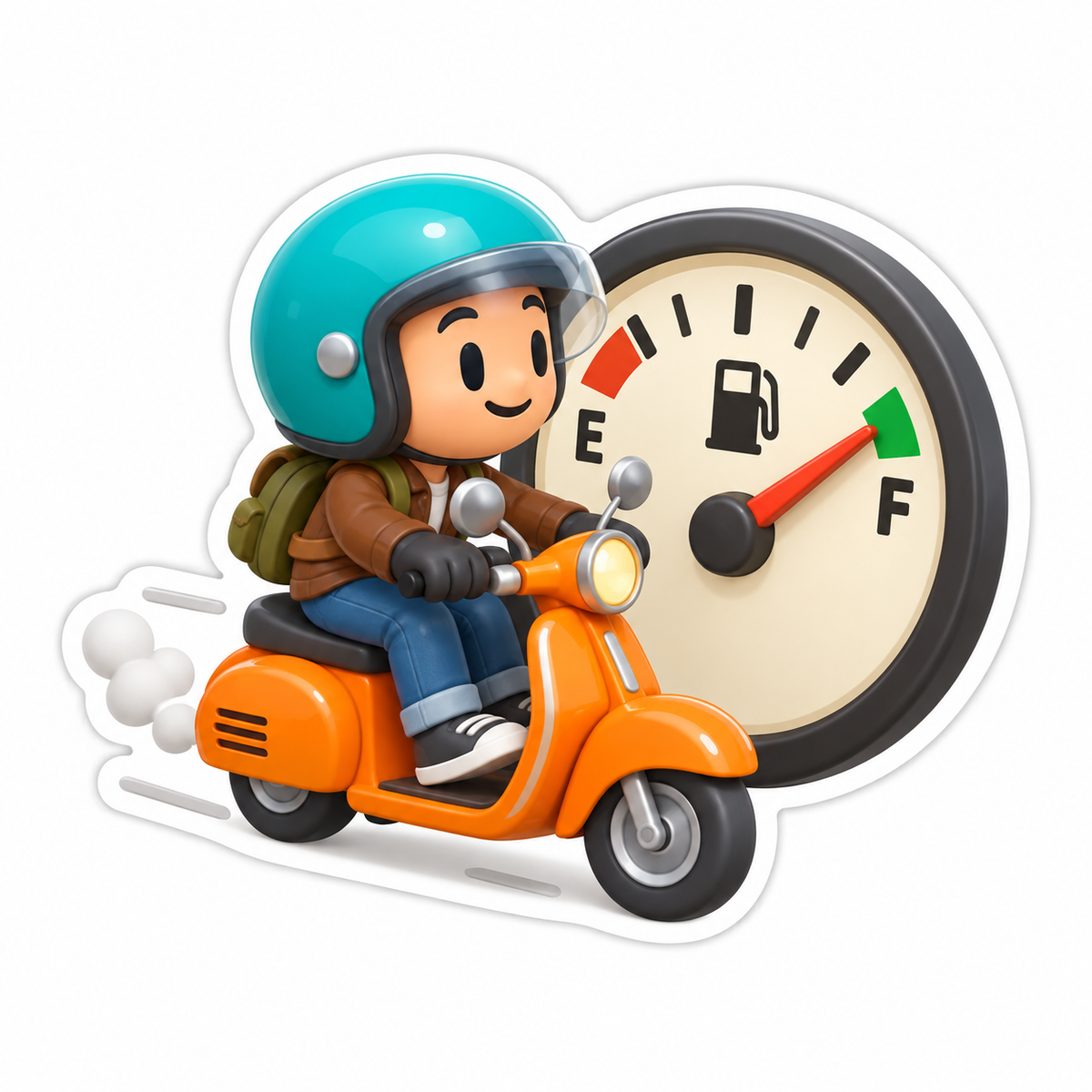 Orange Scooter Rider Teal Helmet Fuel Gauge Vinyl Sticker Decal