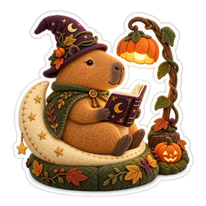 Saffron Needle Felt Capybara Moonlit Spellbook Vinyl Sticker Decal