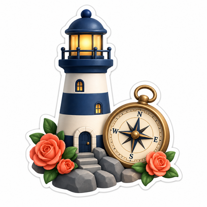 Navy-And-Ivory Lighthouse Beside Bronze Compass Vinyl Sticker Decal