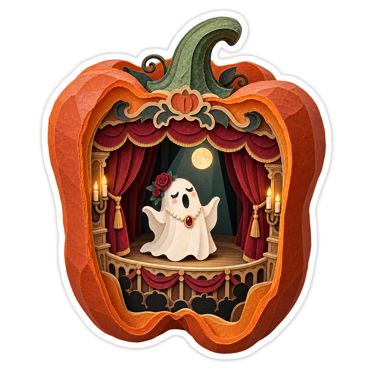 Terracotta Papercut Pumpkin Ghost Opera Theater Vinyl Sticker Decal