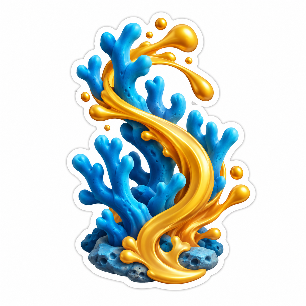 Curling Blue Coral And Golden Paint Plume Vinyl Sticker Decal