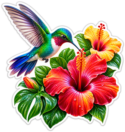 Hummingbird with Red and Yellow Hibiscus Vinyl Sticker Decal