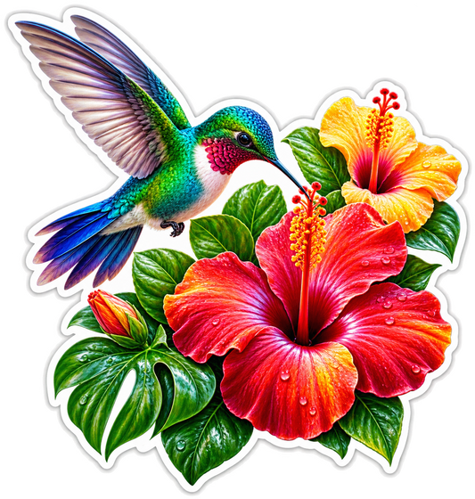 Hummingbird with Red and Yellow Hibiscus Vinyl Sticker Decal