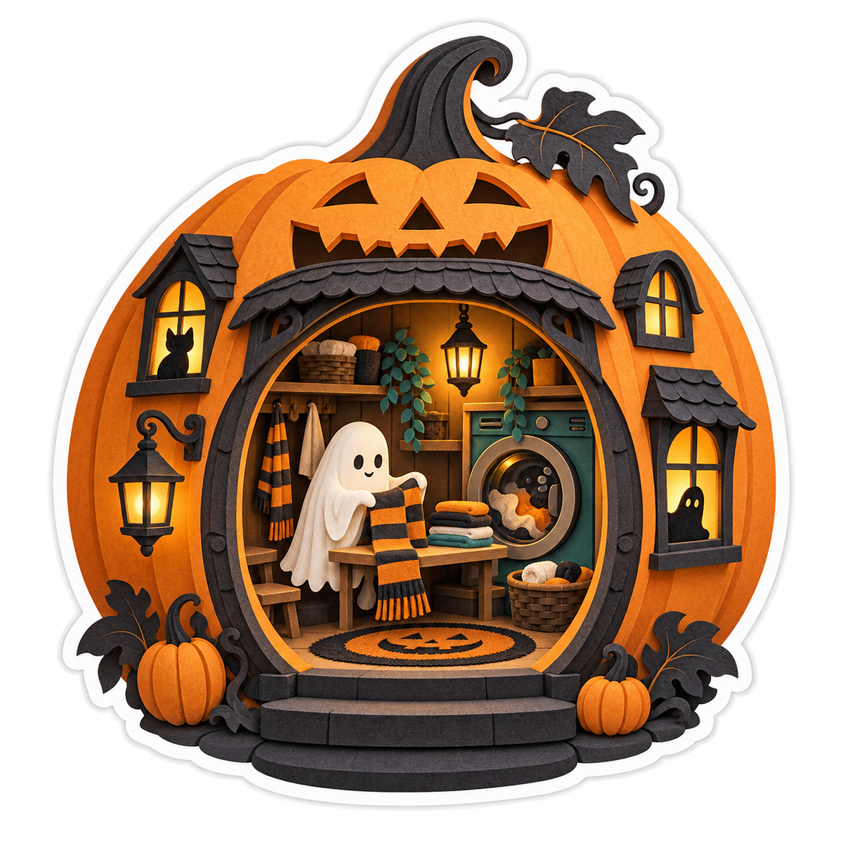 Saffron Papercut Pumpkin Ghost Laundromat Vinyl Sticker Decal