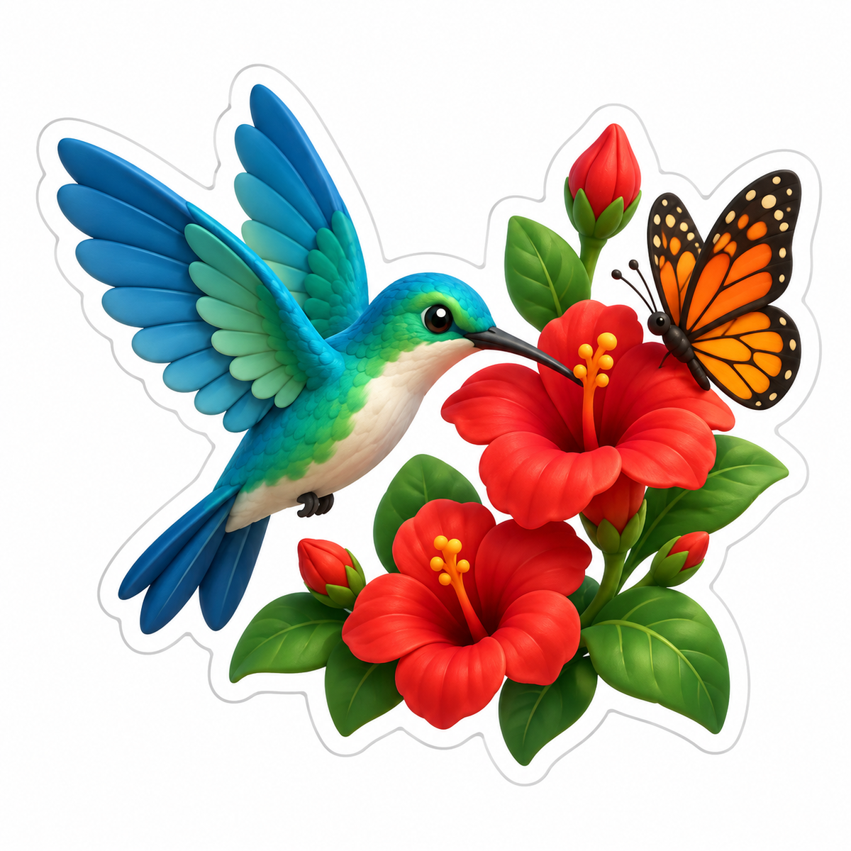 Hummingbird Red Blossoms Orange Butterfly Vinyl Sticker Decal
