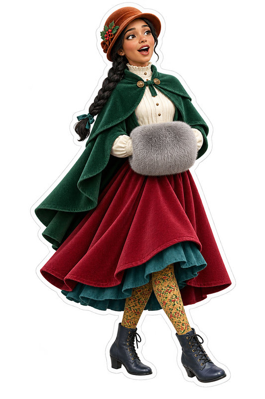 Christmas Caroler Woman Green Cape Hand Muff Vinyl Sticker Decal