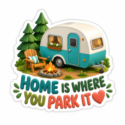 Home Is Where You Park It Teal Cream Vinyl Sticker Decal