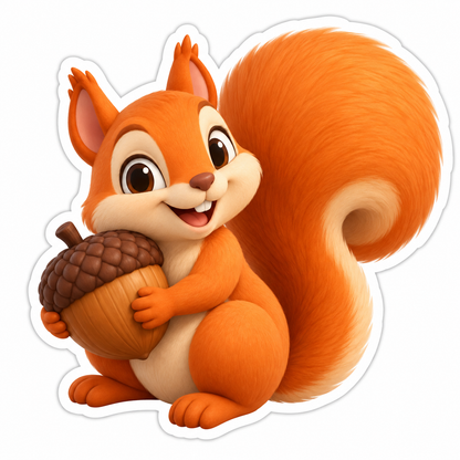 Curled Orange Squirrel Holding Acorn Vinyl Sticker Decal