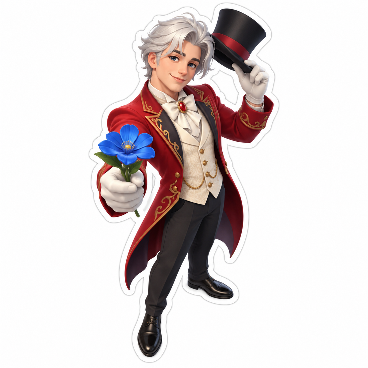 Silver Haired Illusionist Offering Blue Flower Vinyl Sticker Decal