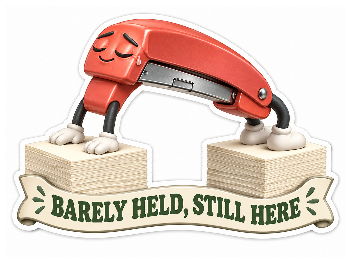 Barely Held Still Here Stapler Bridge Vinyl Sticker Decal