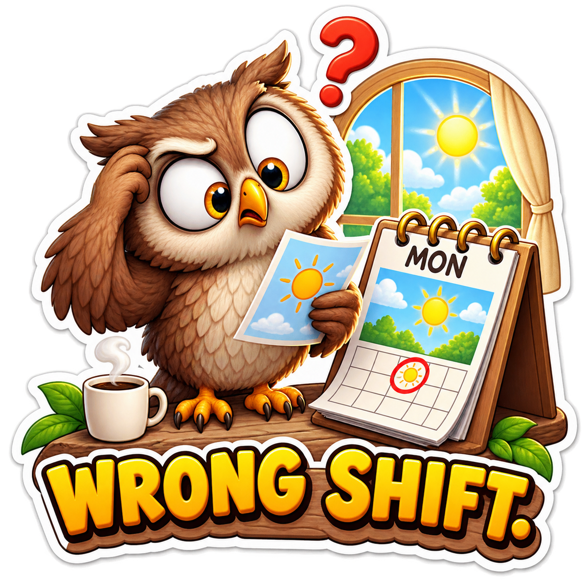 Wrong Shift Owl beside Daytime Calendar Vinyl Sticker Decal