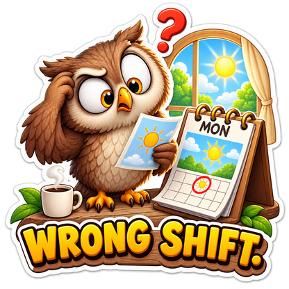 Wrong Shift Owl beside Daytime Calendar Vinyl Sticker Decal