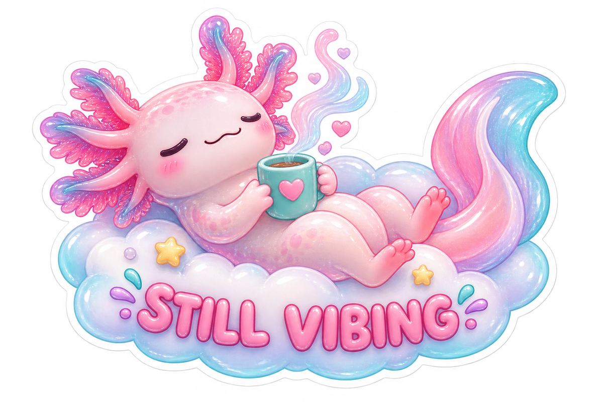 Still Vibing Pastel Axolotl on Cloud Vinyl Sticker Decal