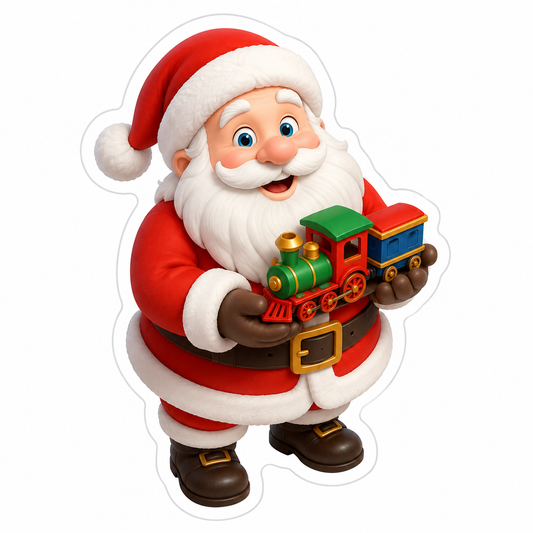 Smiling Santa Holding Toy Train Vinyl Sticker Decal