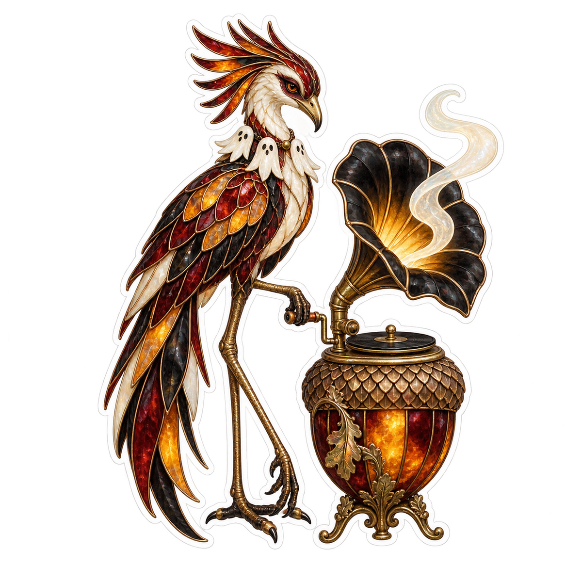 Stained Glass Secretary Bird Acorn Phonograph Vinyl Sticker Decal