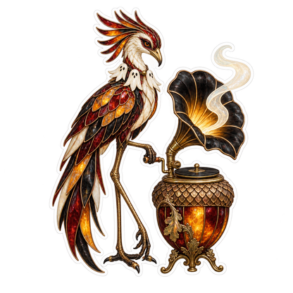 Stained Glass Secretary Bird Acorn Phonograph Vinyl Sticker Decal