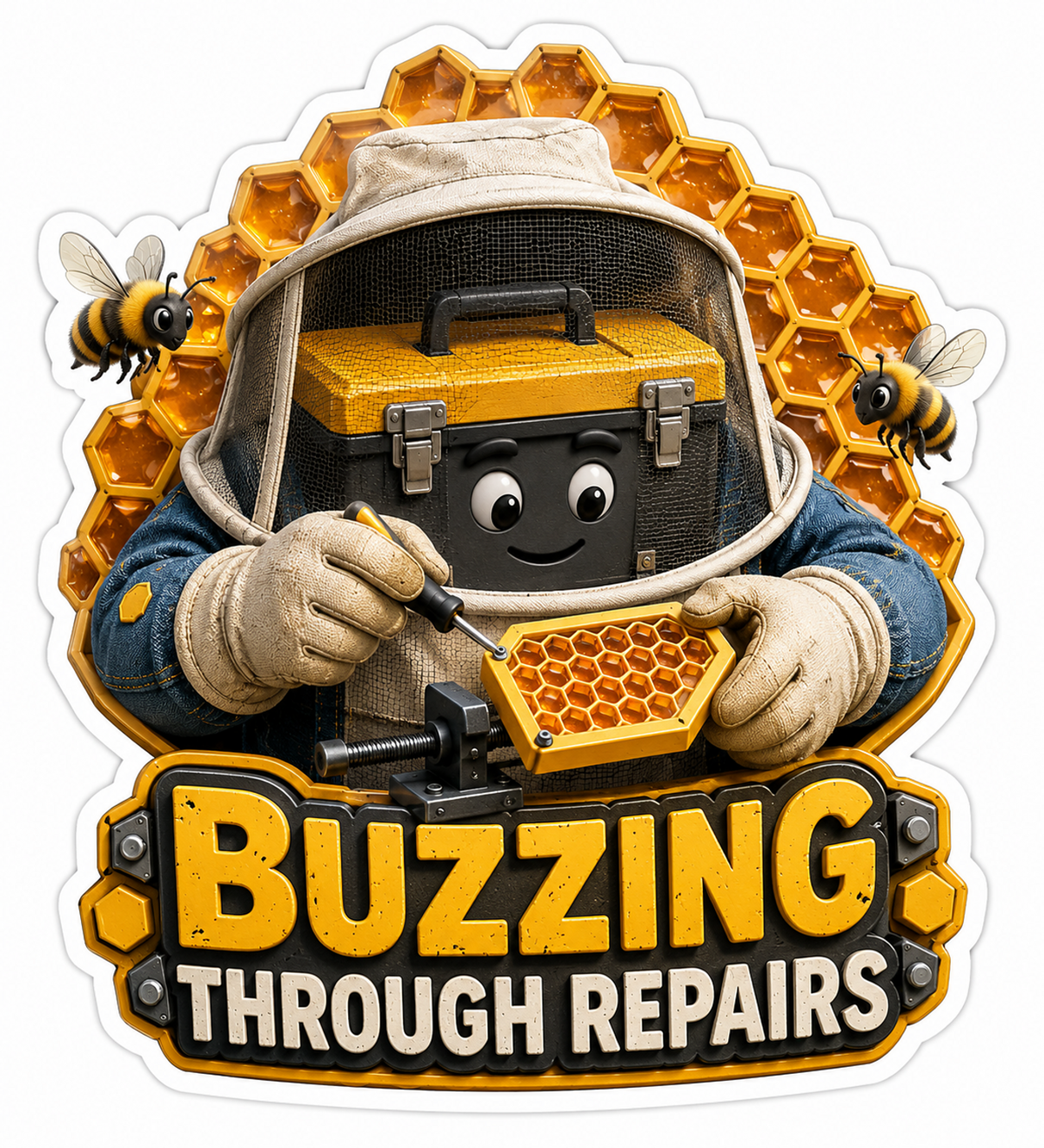 Buzzing Through Repairs Robot Beekeeper Vinyl Sticker Decal