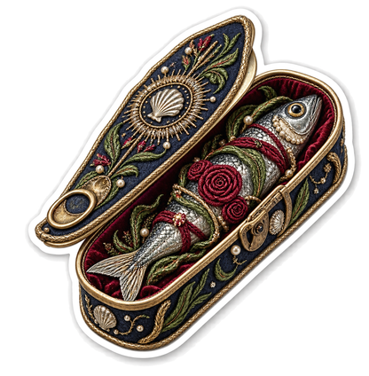 Embroidered Sardine Coffin Reliquary Vinyl Sticker Decal