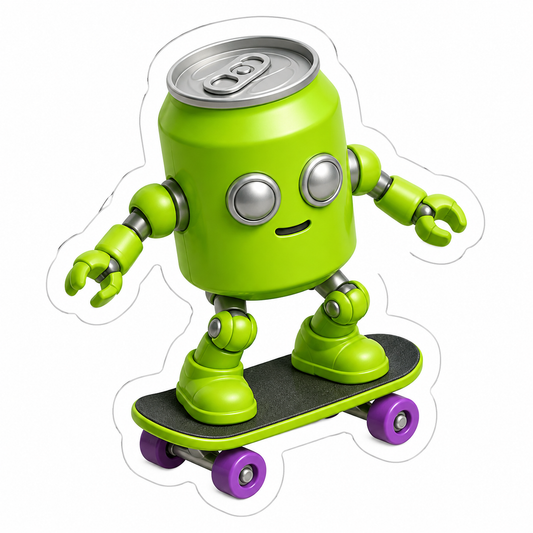 Green Drink Can Robot on Skateboard Vinyl Sticker Decal