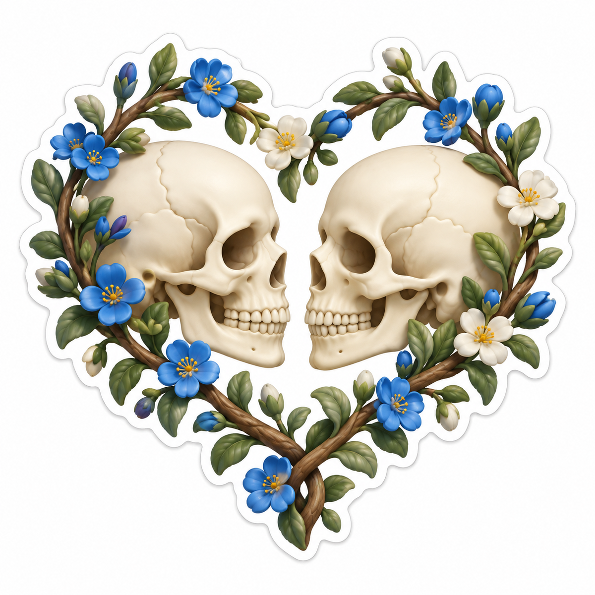 Two Skull Profiles Floral Heart Vinyl Sticker Decal