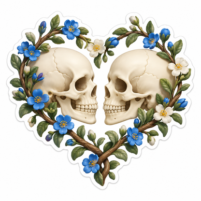 Two Skull Profiles Floral Heart Vinyl Sticker Decal