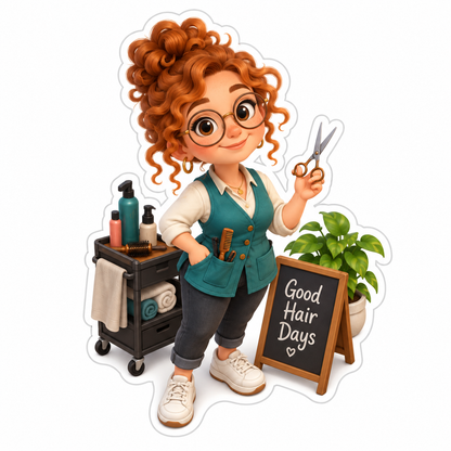 Whimsical Hair Stylist With Copper Curls Vinyl Sticker Decal