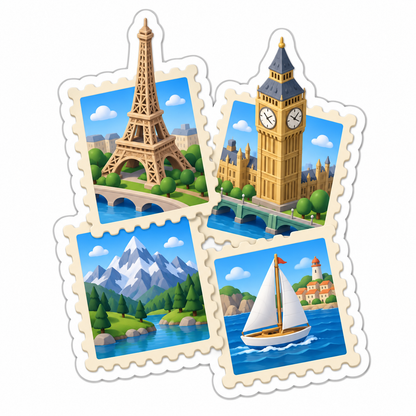 Four Travel Stamps Towers Mountain Sailboat Vinyl Sticker Decal