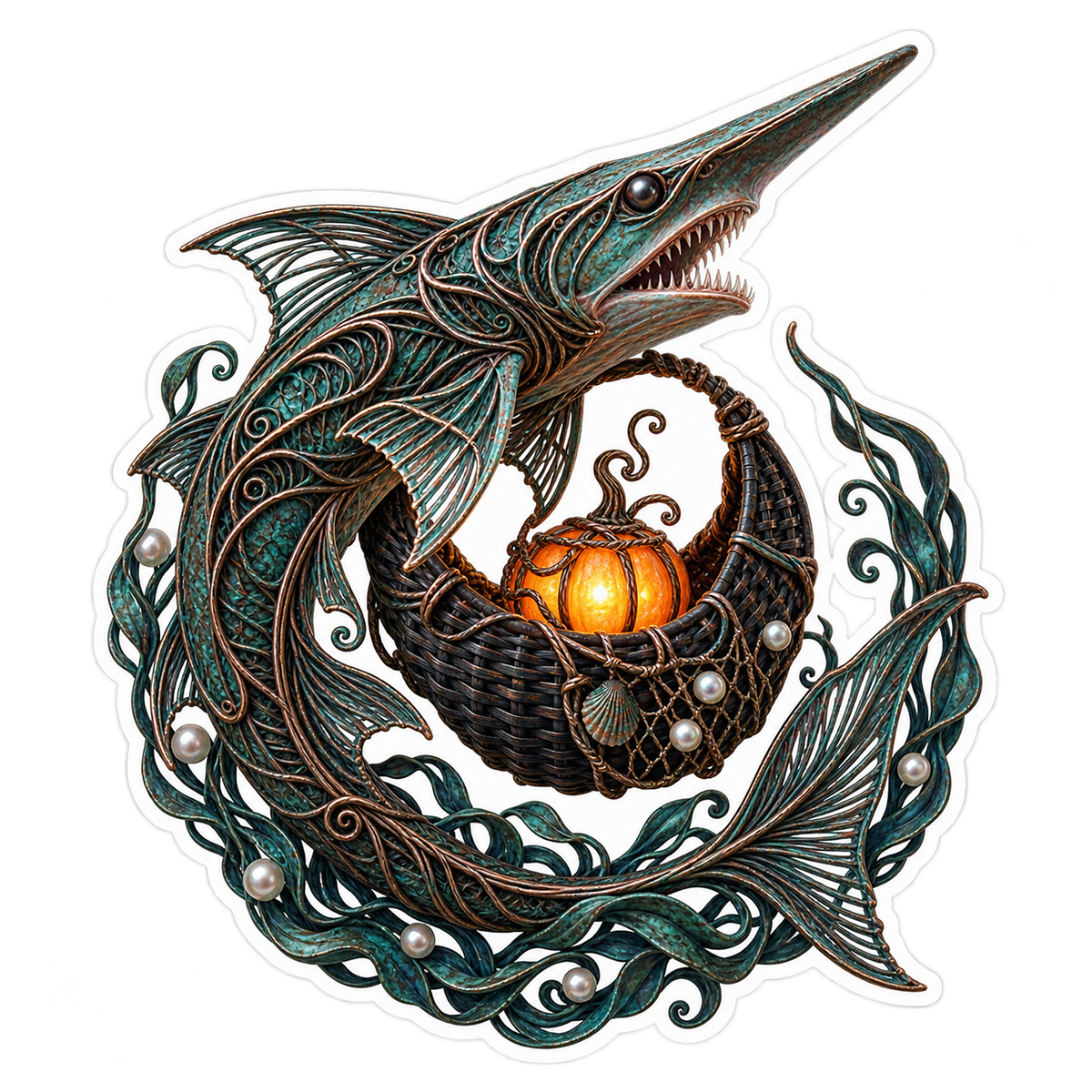 Verdigris Wire Goblin Shark Moon Fishing Creel Vinyl Sticker Decal