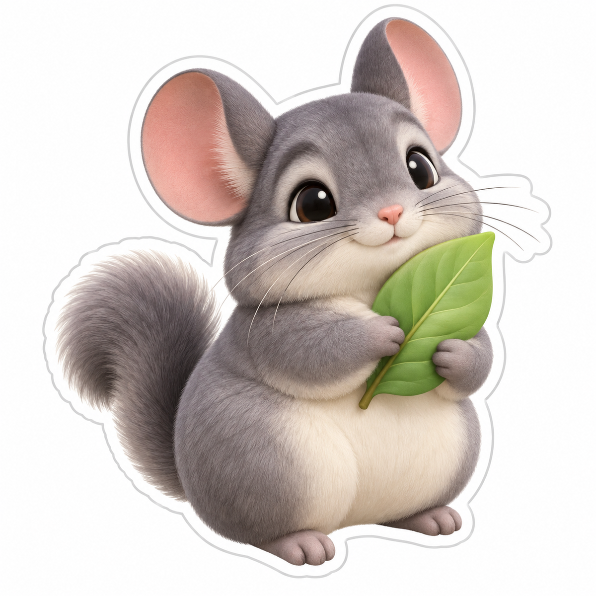 Cute Gray Chinchilla Cuddling Pale Green Leaf Vinyl Sticker Decal