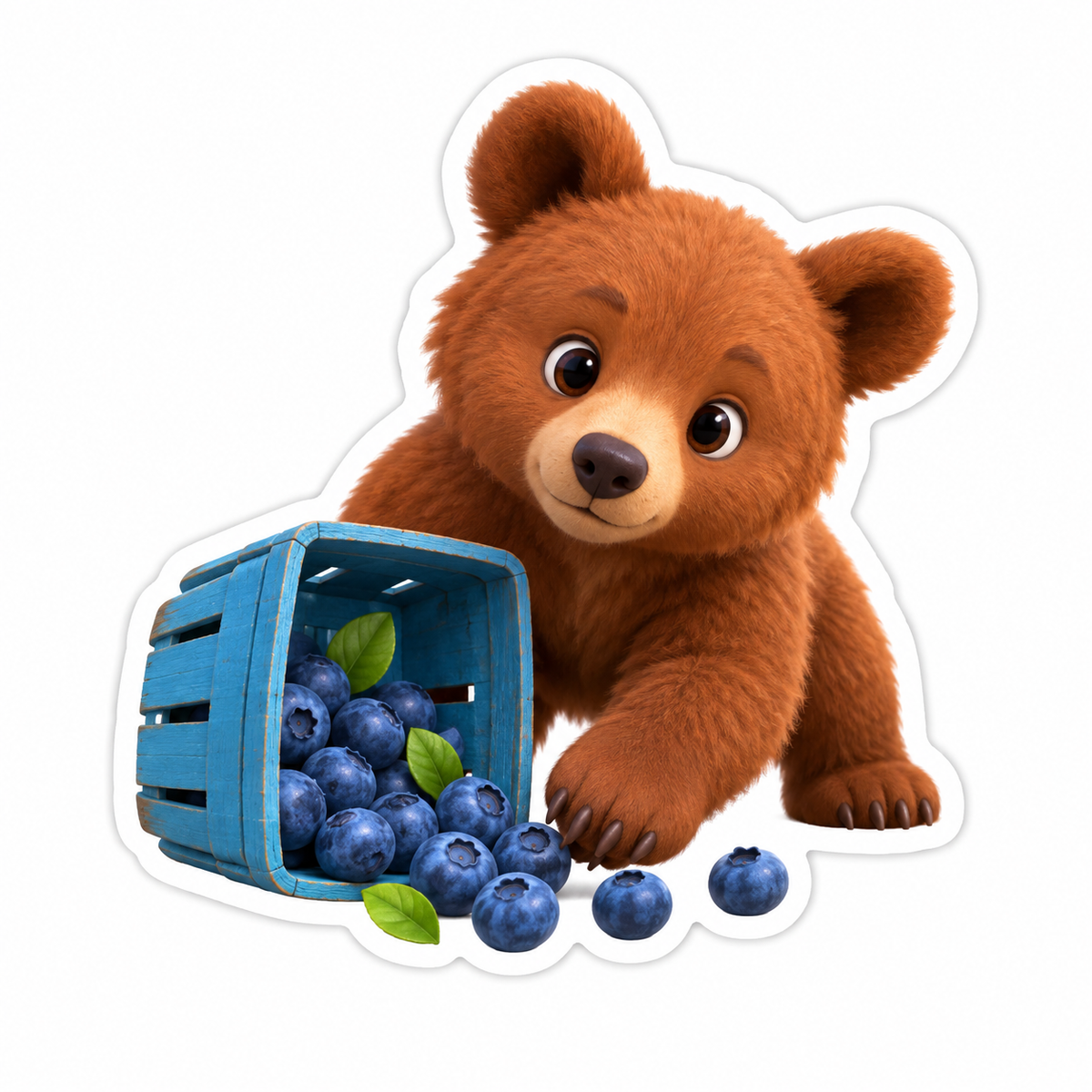 Brown Bear Cub Blue Basket Blueberries Vinyl Sticker Decal