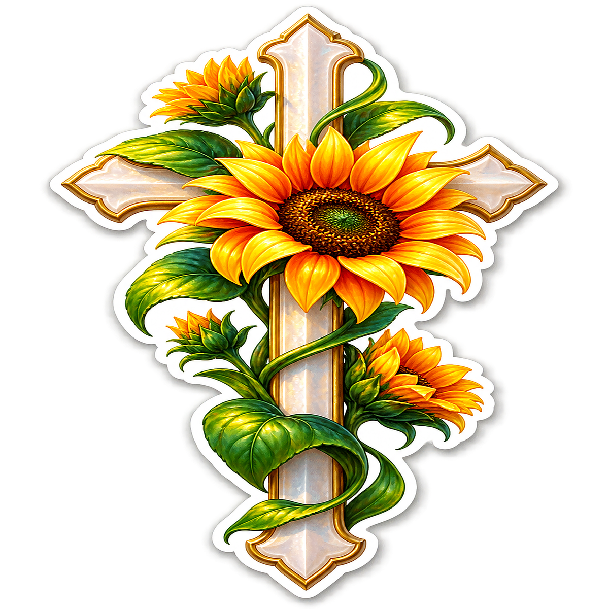 Ivory Cross with Yellow Sunflower Vine Vinyl Sticker Decal