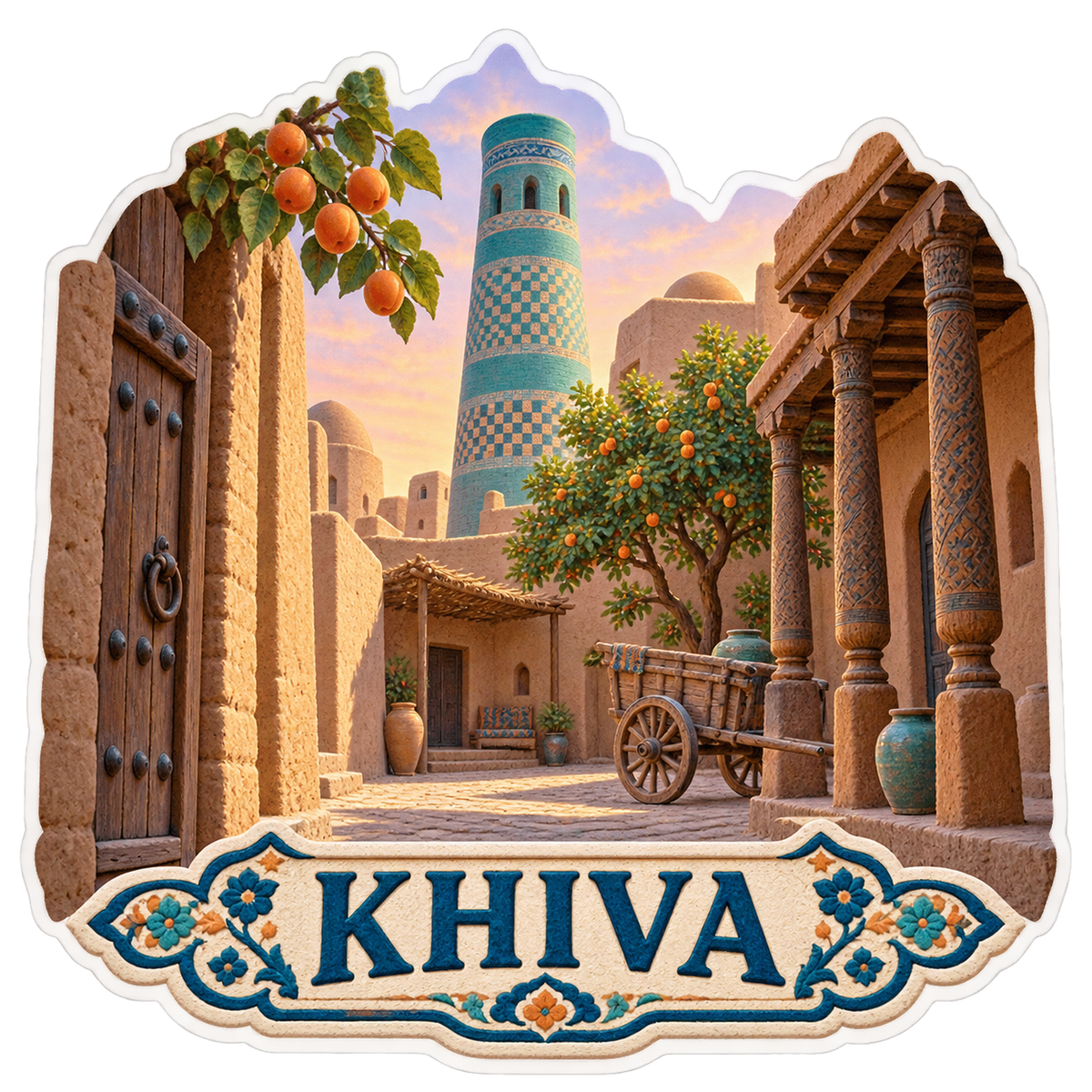 Khiva Adobe Courtyard Turquoise Minaret Vinyl Sticker Decal