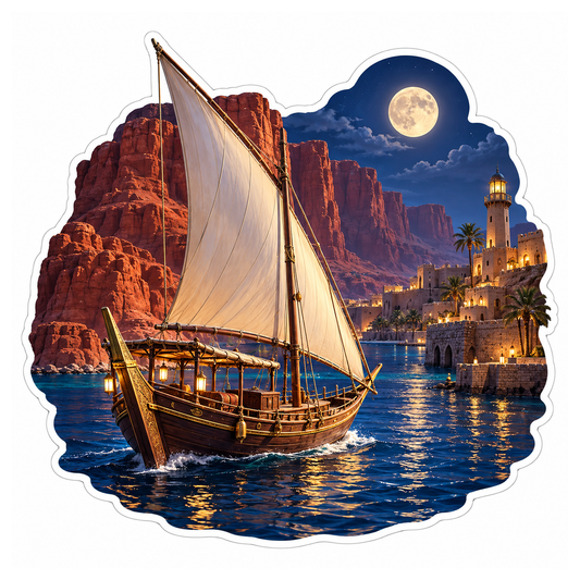 Moonlit Red Cliff Dhow Harbor Vinyl Sticker Decal