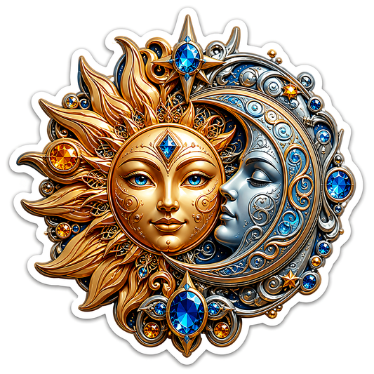 Ornate Gold Sun and Silver Moon Faces Vinyl Sticker Decal