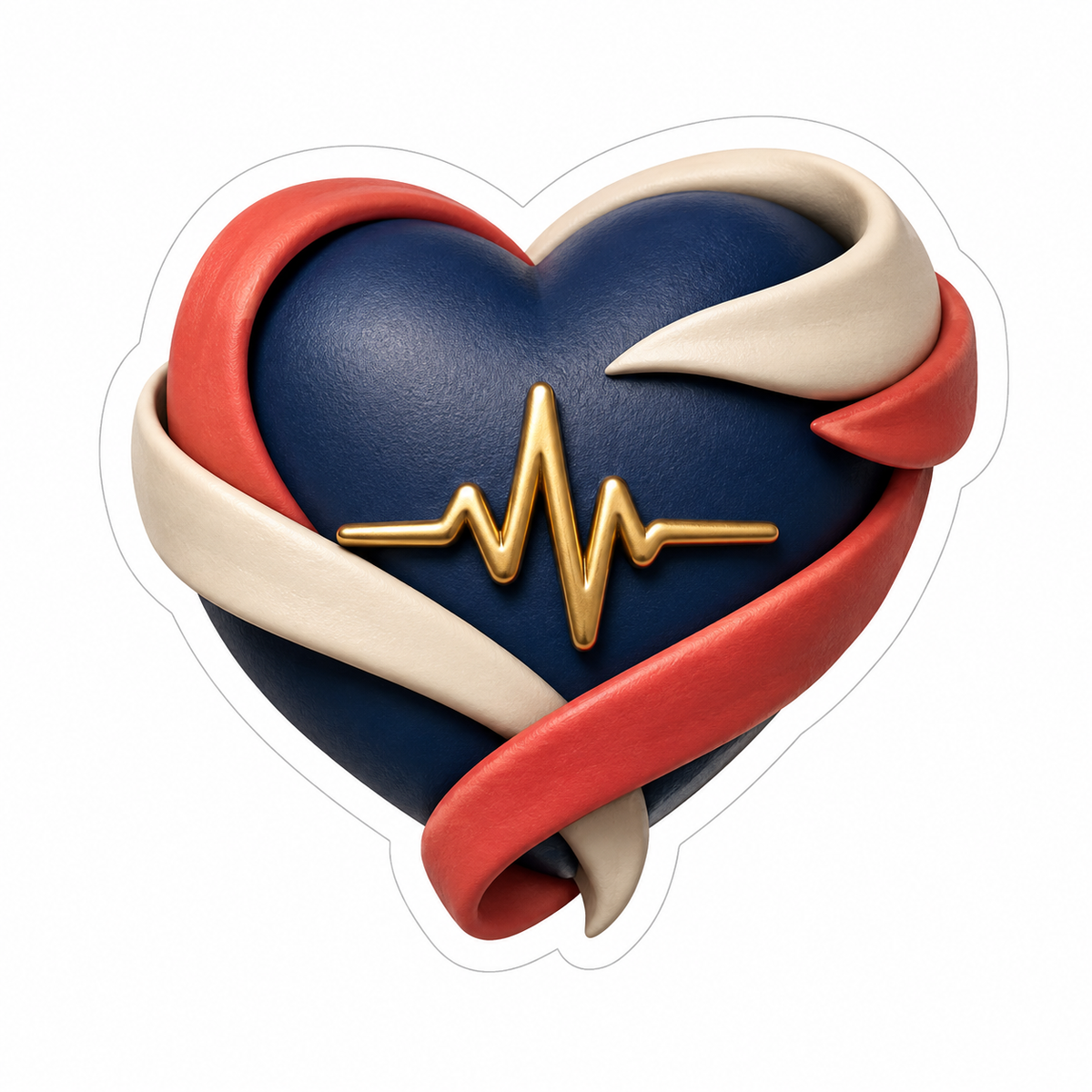 Navy Heart Wrapped In Coral And Ivory Ribbon Vinyl Sticker Decal