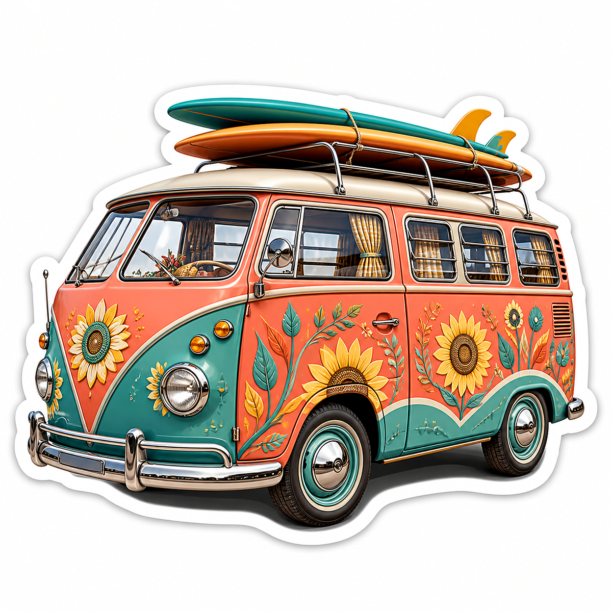 Orange Teal Flower Camper Van Surfboards Vinyl Sticker Decal