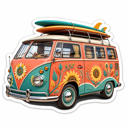 Orange Teal Flower Camper Van Surfboards Vinyl Sticker Decal