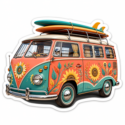 Orange Teal Flower Camper Van Surfboards Vinyl Sticker Decal