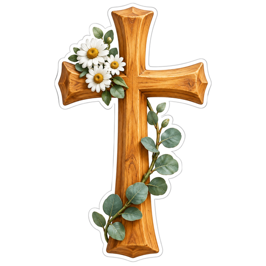 Honey-Gold Carved Wooden Christian Cross Vinyl Sticker Decal