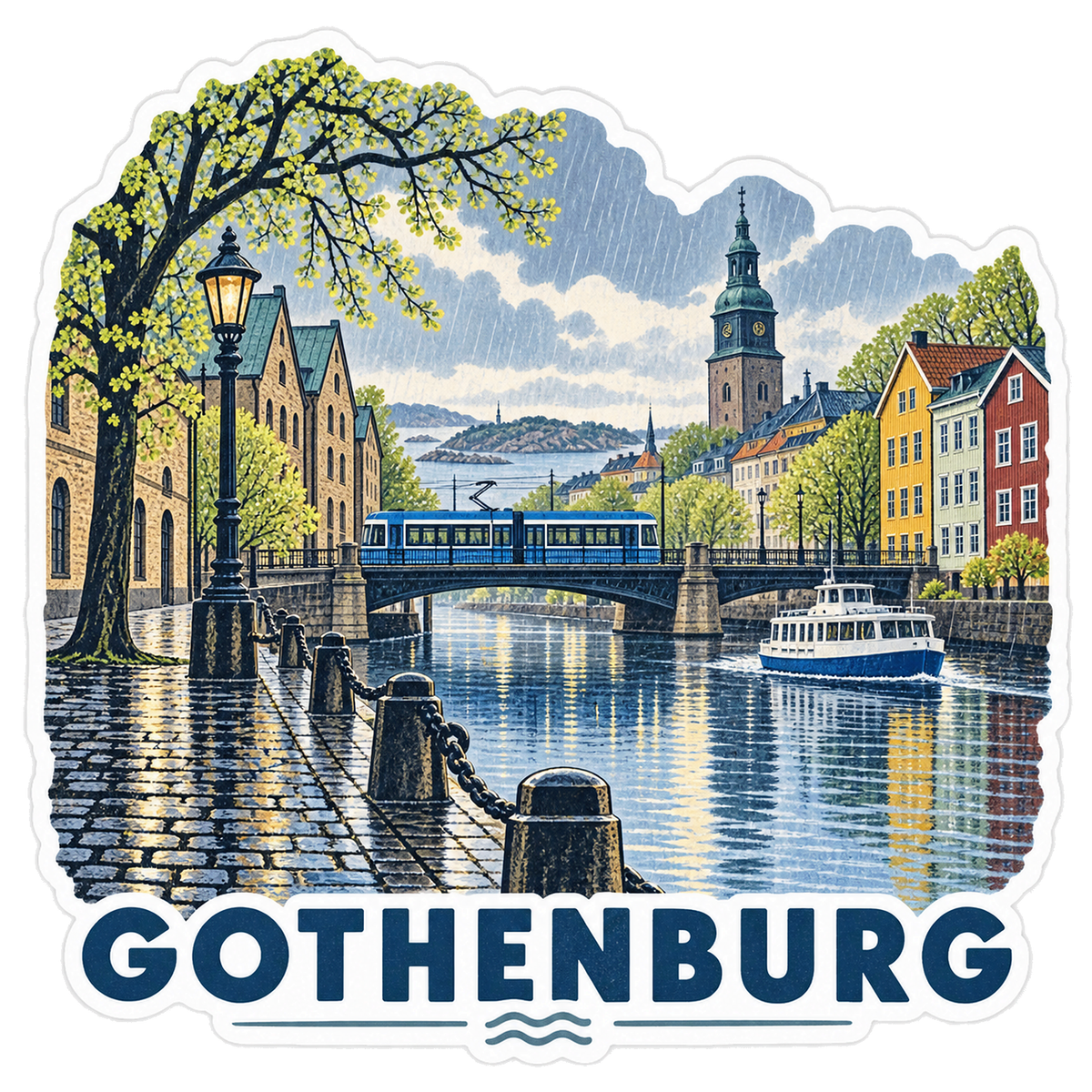 Gothenburg Rainy Canal Blue Tram Vinyl Sticker Decal