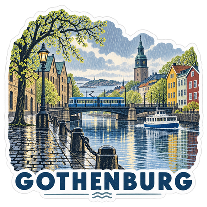 Gothenburg Rainy Canal Blue Tram Vinyl Sticker Decal