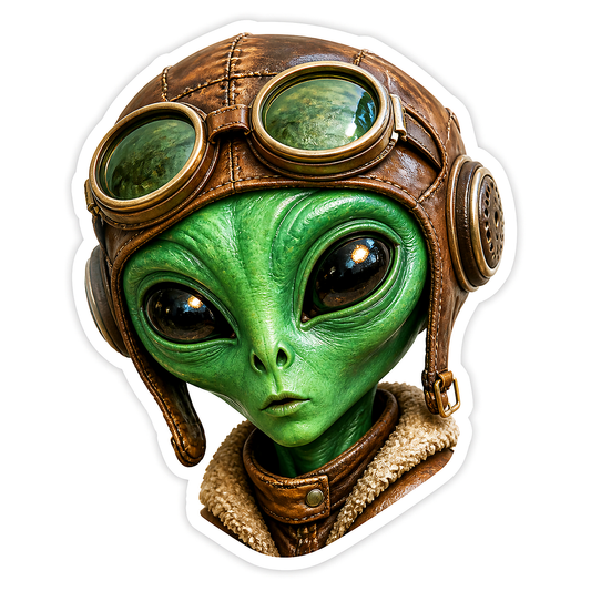 Green Alien Aviator Helmet and Goggles Vinyl Sticker Decal