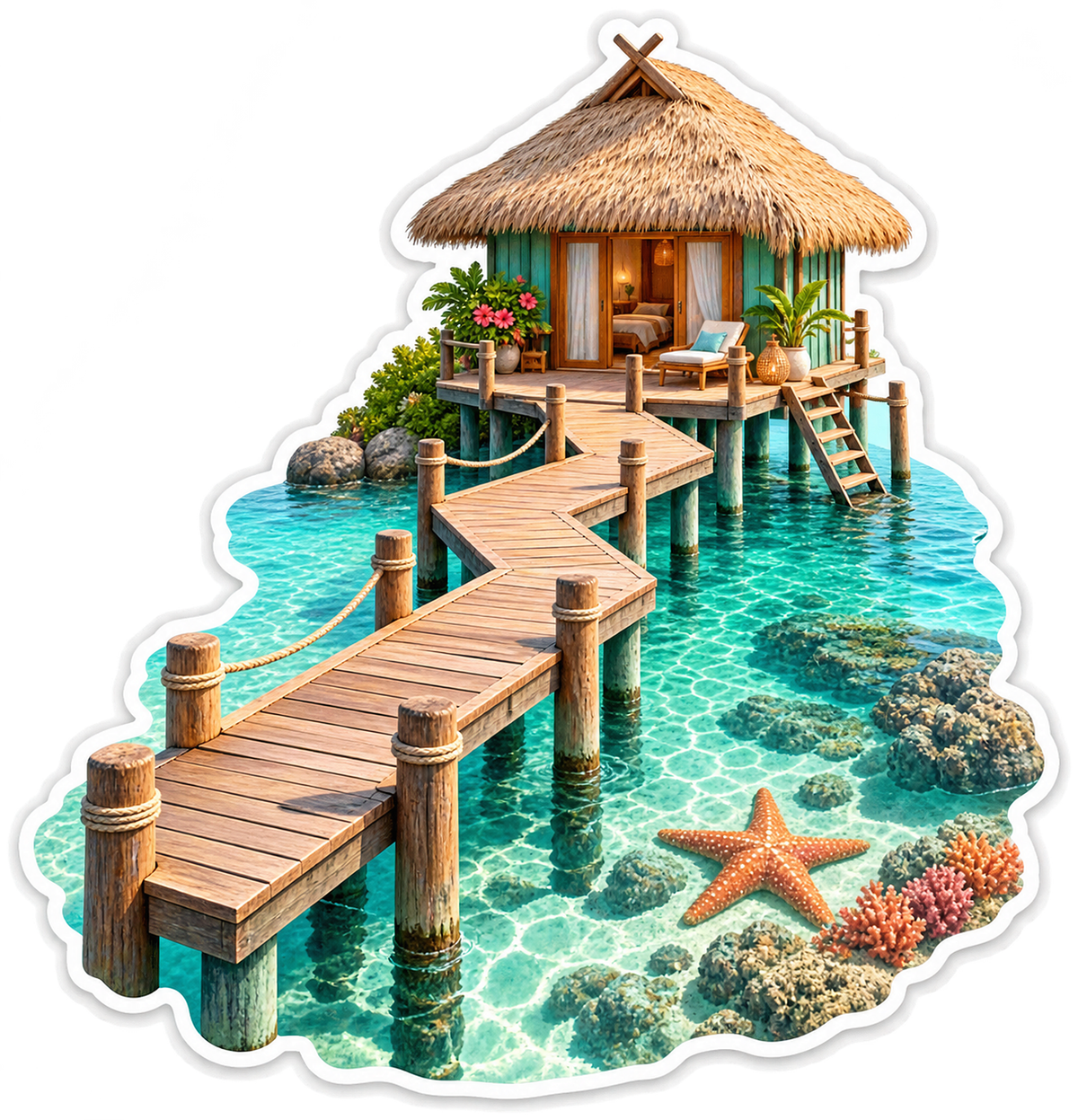 Overwater Bungalow Turquoise Starfish Pier Vinyl Sticker Decal