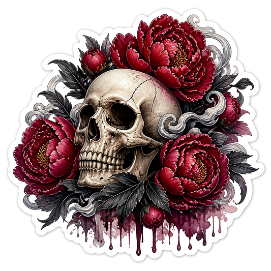 Human Skull with Dark Red Roses Vinyl Sticker Decal