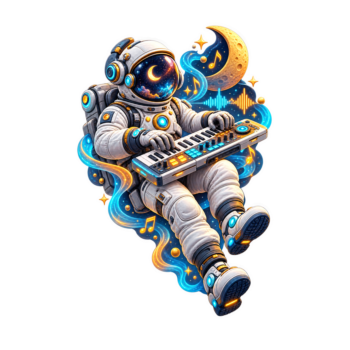 Astronaut Playing Keyboard with Moon Stars Vinyl Sticker Decal