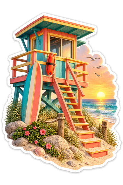 Lifeguard Tower Coral Sunrise Steps Vinyl Sticker Decal