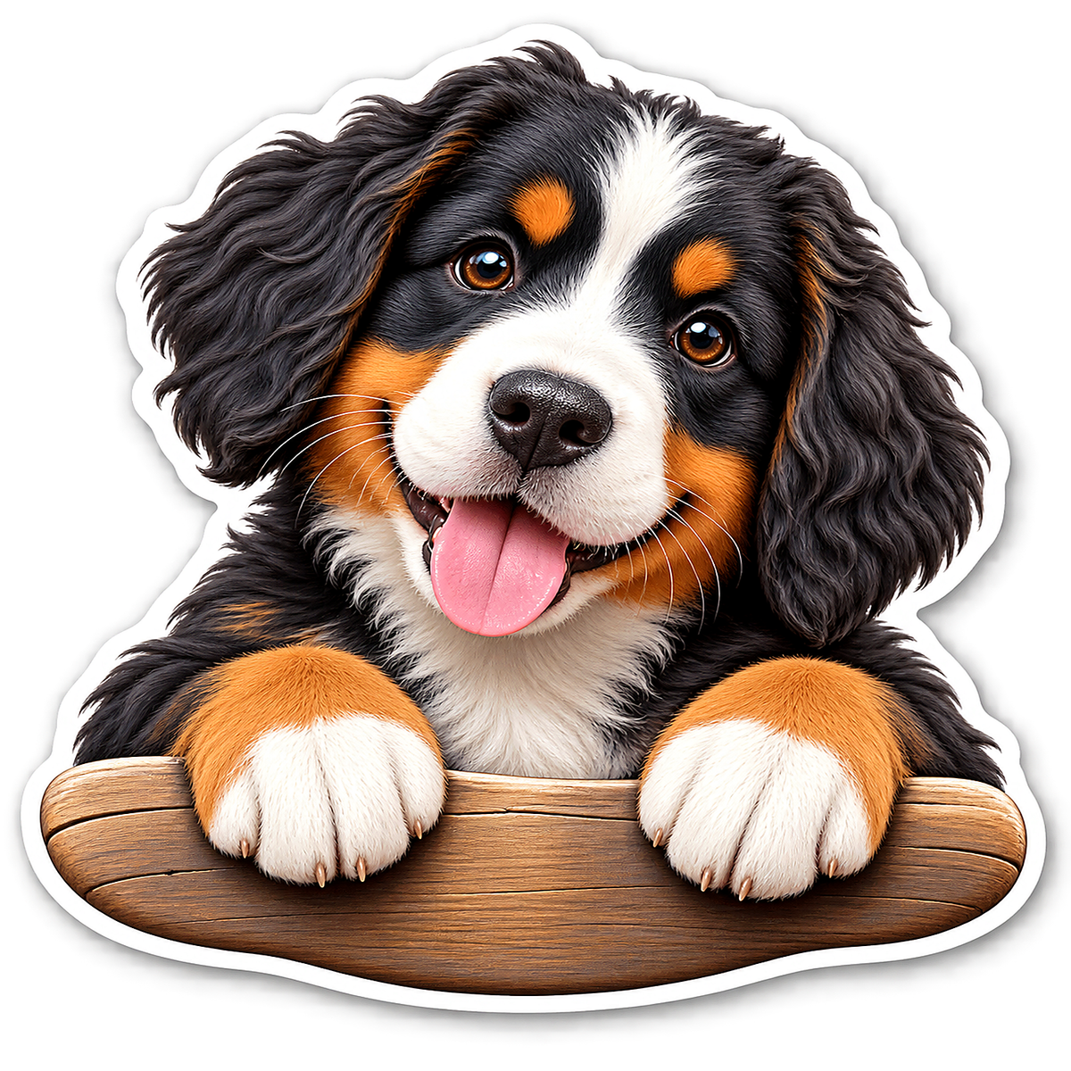 Tricolor Curly Puppy on Wooden Edge Vinyl Sticker Decal