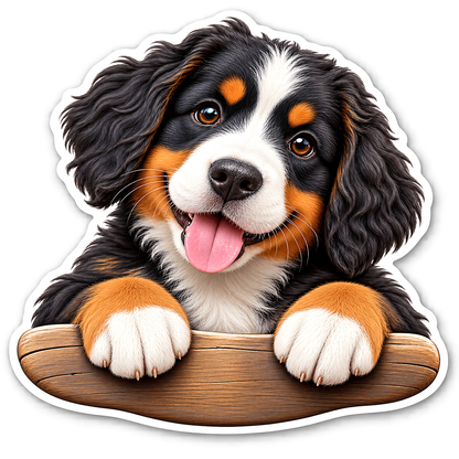 Tricolor Curly Puppy on Wooden Edge Vinyl Sticker Decal